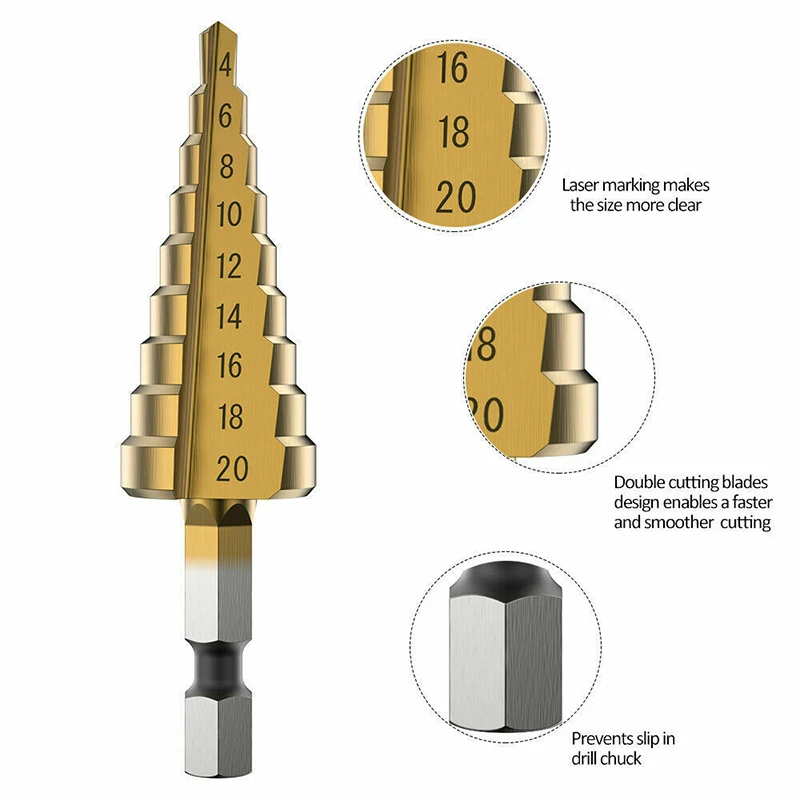 

3-12/4-12/4-20mm Hexagonal Shank Step Drill Bit Pagoda Drill HSS Cobalt Drill Bit Stainless Steel Metal Spiral Taper Drill Tool