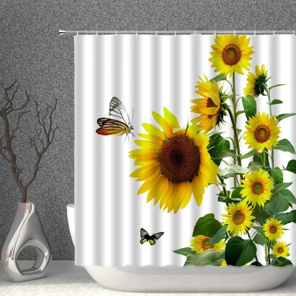 

Sunflower Shower Curtain Yellow Floral Green Leaves Decor White Fabric Bathroom Curtains,Polyester with Hooks 70x70 Inch D80