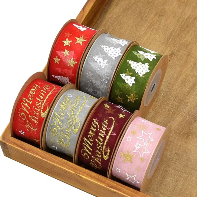 

5Yards/Lot 25mm Polyester tree Ribbon Printed Merry Christmas Ribbon For Christmas Decoration DIY Sewing Fabric