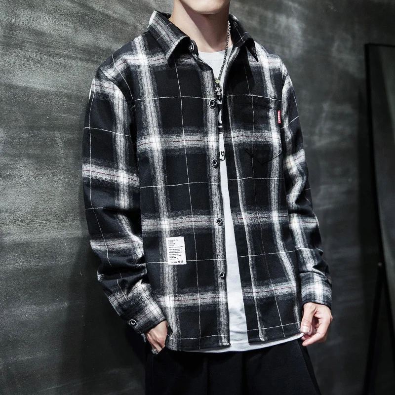 Рубашка мужская повседневная в клетку тонкая свободная уличная одежда Корейском