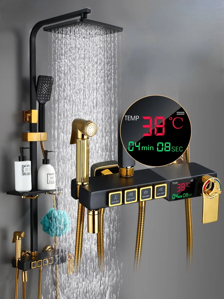 

Лейка для душа, черный домашний медный термостатический смеситель с усилителем для ванной комнаты, лейка с цифровым дисплеем