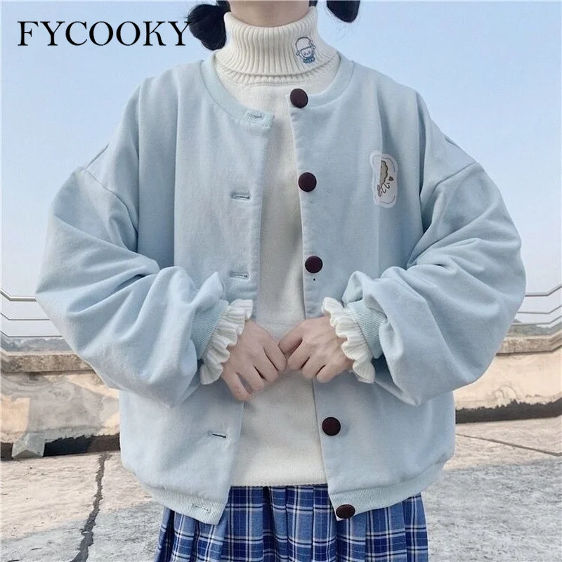 

Korean Style Loose Zip Up Hoodies Women Autumn College Style Japanese Cute Lantern Sleeve Sweatshirts Kawaii Cartoon Hoodie