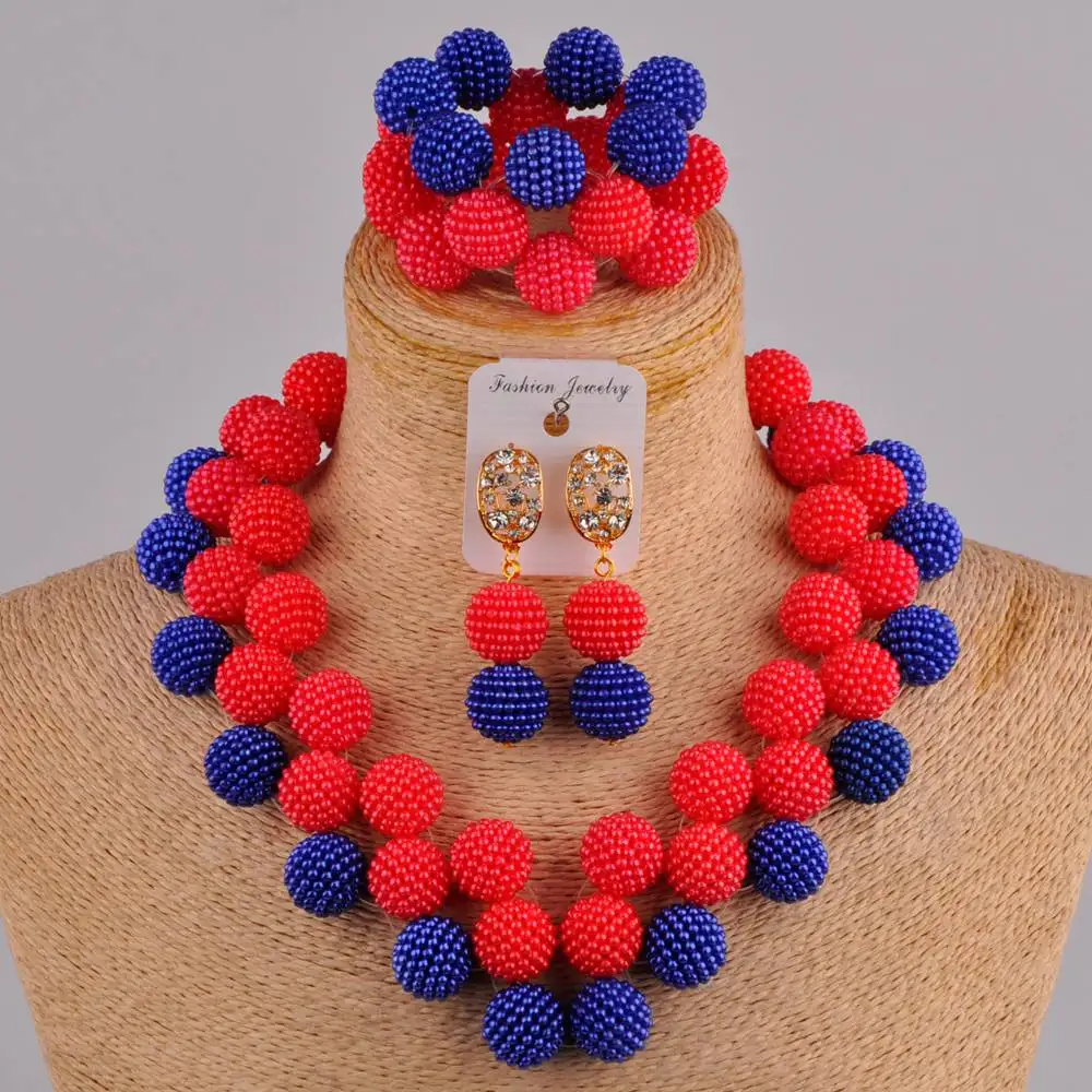 

royal blue and red simulated pearl beads jewelry set nigerian wedding costume necklace african set FZZ110