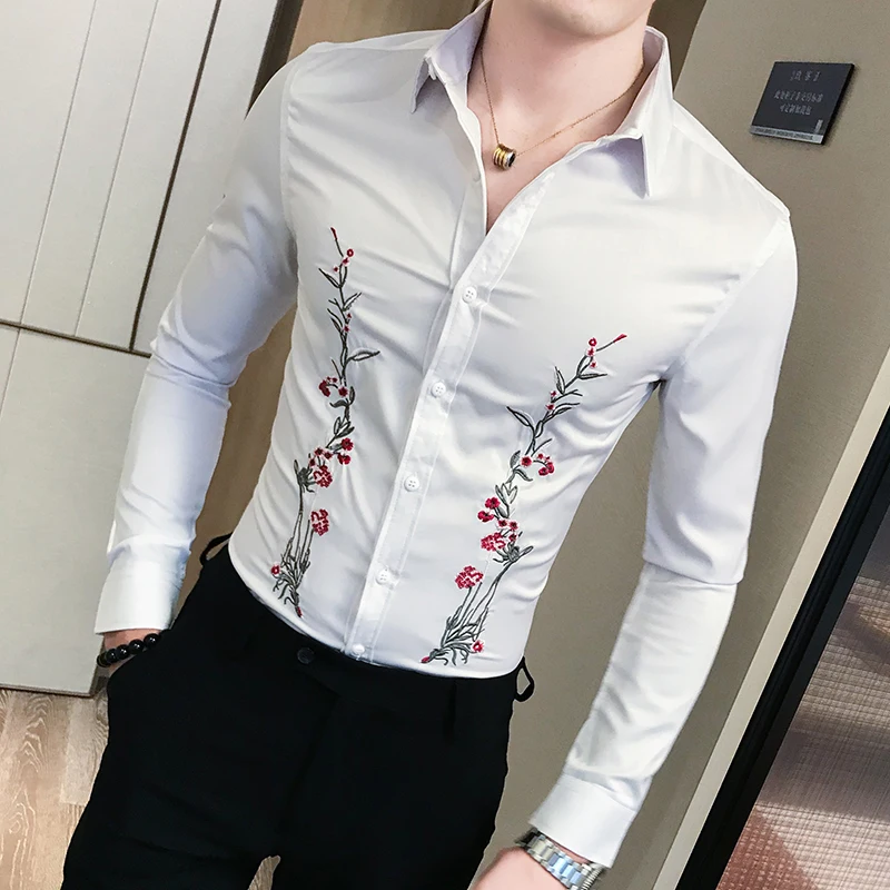 Весна и осень мужская рубашка с вышивкой высокое качество цветочным принтом