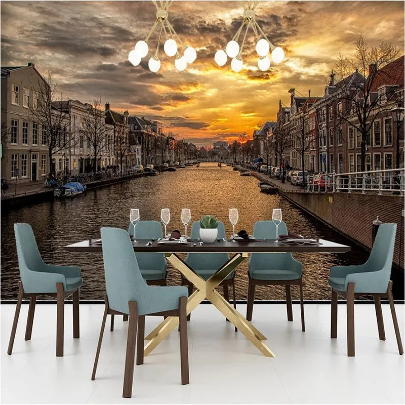 European Town Water City Orange Fire Cloud Sunset Background 3D Photo Wallpapers Restaurant Cafe Industrial Decor Wall Paper |