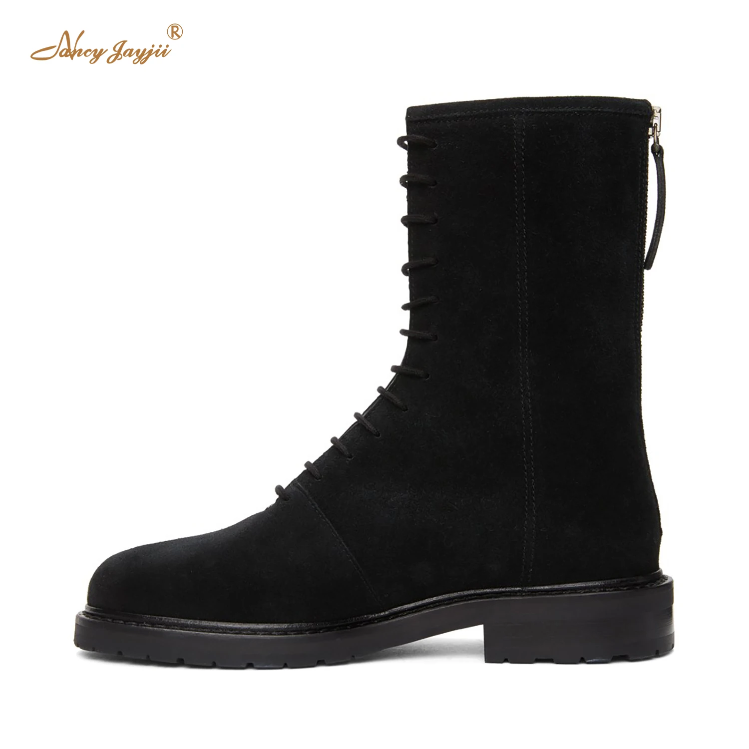 

Nancyjayjii Black Mature Flock Combat Ankle Boots 2021 Winter Women’S Fashion Lace-Up Round Toe Chunky Heels Ladies Zipper Shoes