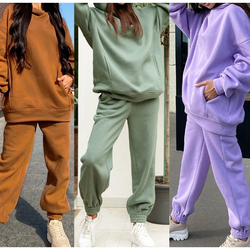 

Women Solid Color Casual Tracksuit Streetwear Joggers Gym Outfits Sweatpants Running Set Hooded Sweatshirt Warm Thicken Clothing