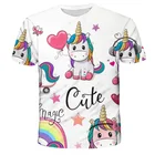 Весна-лето 2021, футболка для девочек с единорогом, новая детская футболка, топ с коротким рукавом для маленьких девочек с мультипликационным единорогом, детская одежда