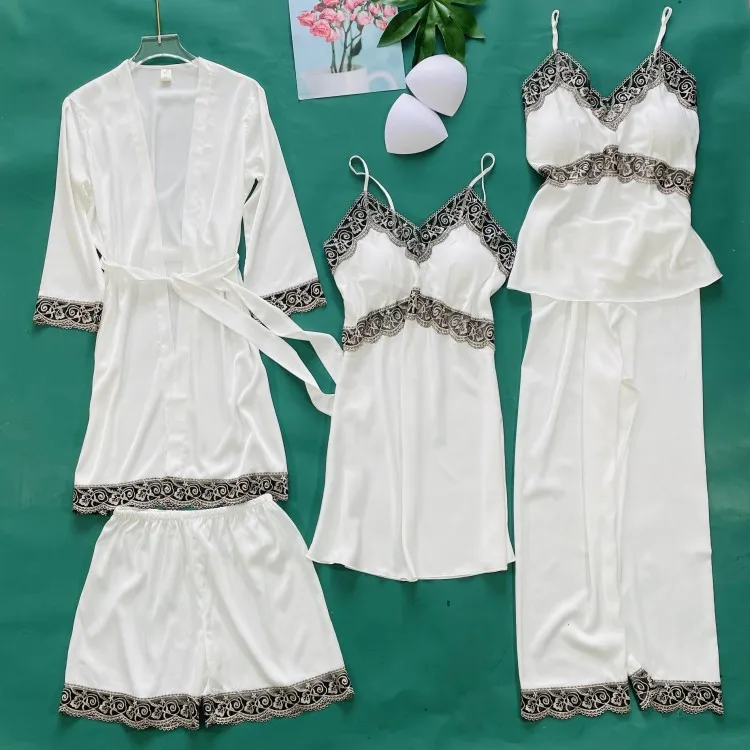 

Women Sexy Kimono Robe Gown 5 Pieces Lace Pajamas Suit Sleepwear Hollow Out Summer Satin Ice Silk Perspective Thin Home Clothes