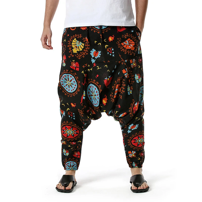 

Boho Style Mens Trousers 2021 New Cotton Print Casual Pants Men Breathable Harajuku Streetwear Oversize Baggy Male Harem Pants