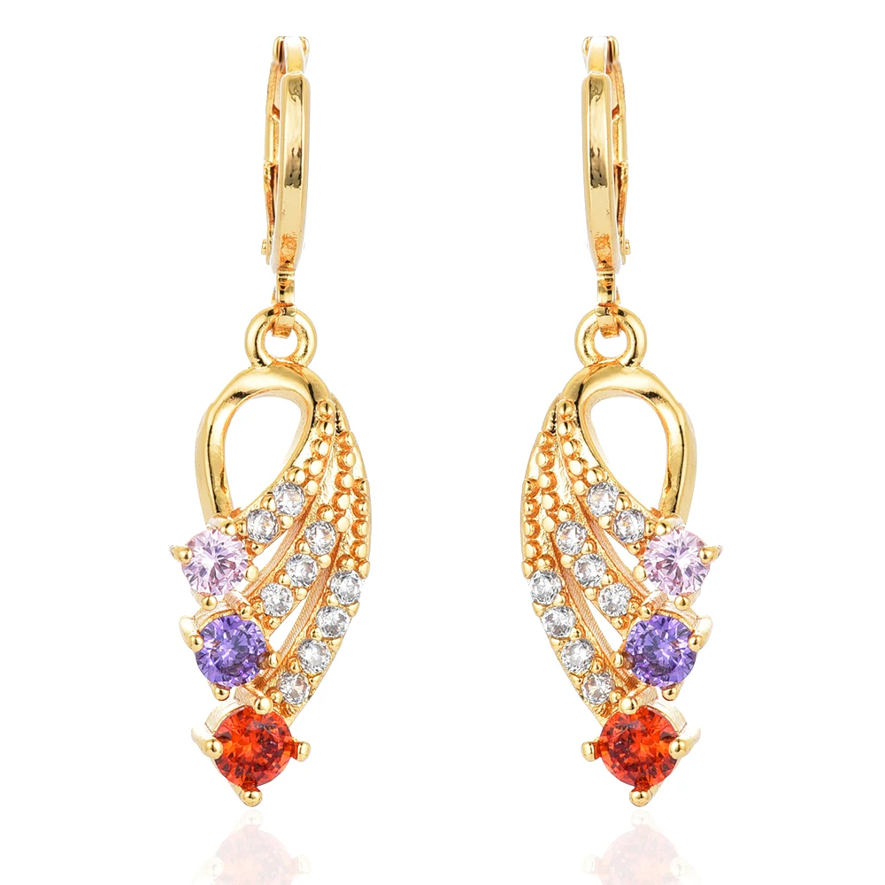 Модные женские серьги подвески золотого цвета с разноцветным цирконом и