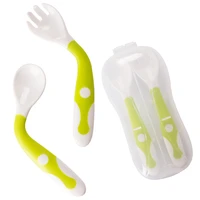 baby tableware spoon and fork set with travel baby feeding training spoon easy to grip and flexible self feeding 2 piece set
