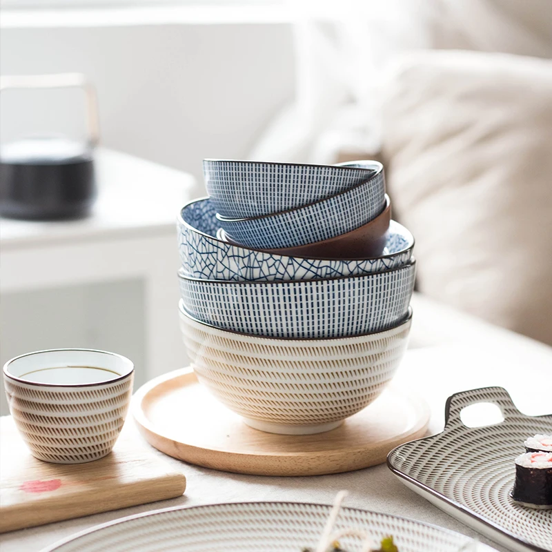 Ceramic Bowl Japanese Classical Tableware Kitchen Soup Noodle Porcelain Rice Big Ramen Bowls Spoon and Tea Cup E|Чаши| |