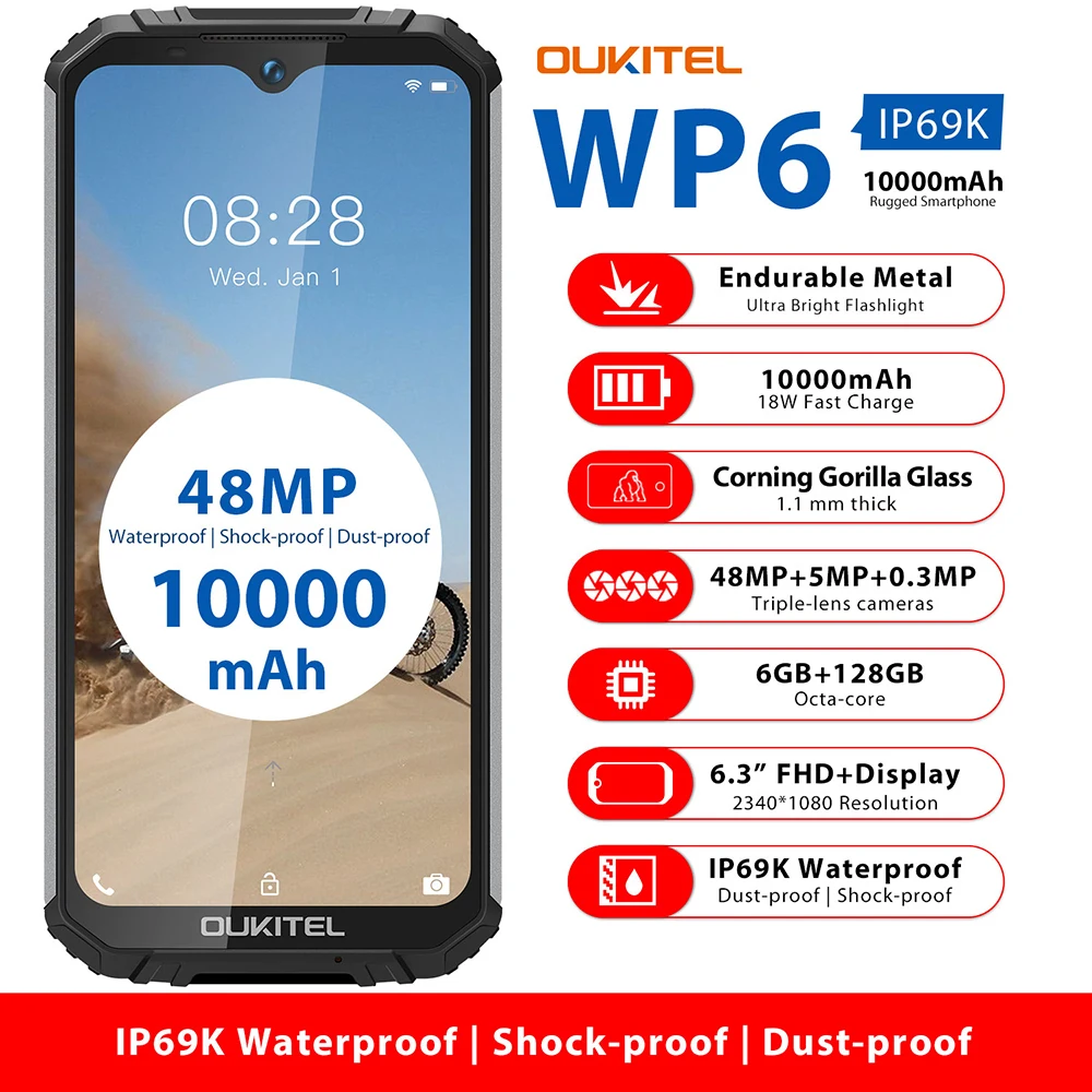 OUKITEL WP6 10000mAh 6 ГБ Оперативная память 128 Гб Встроенная 3 "противоударный мобильный