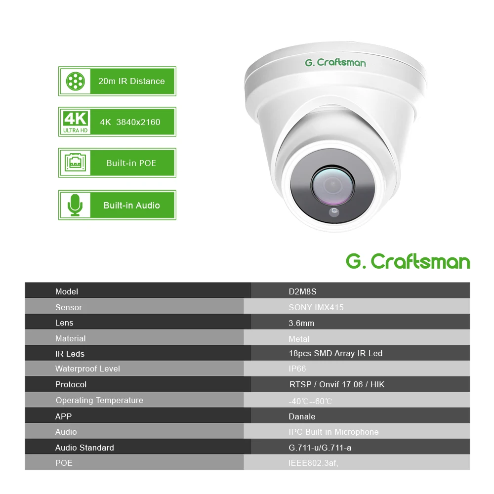 Цена IP-камера 4K POE 20fps SONY Sensor Security CCTV Cam H.265 внутренняя и наружная аудиосистема видеонаблюдения Onvif D2M8S G.Craftsman