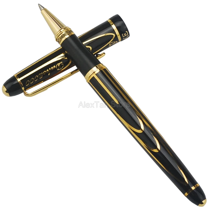 

Duke Noble Pioneer Roller Ball Pen Advanced Chromed Golden & Black Lines Office & Home Fountain Pen With Gift Box Fit Collection