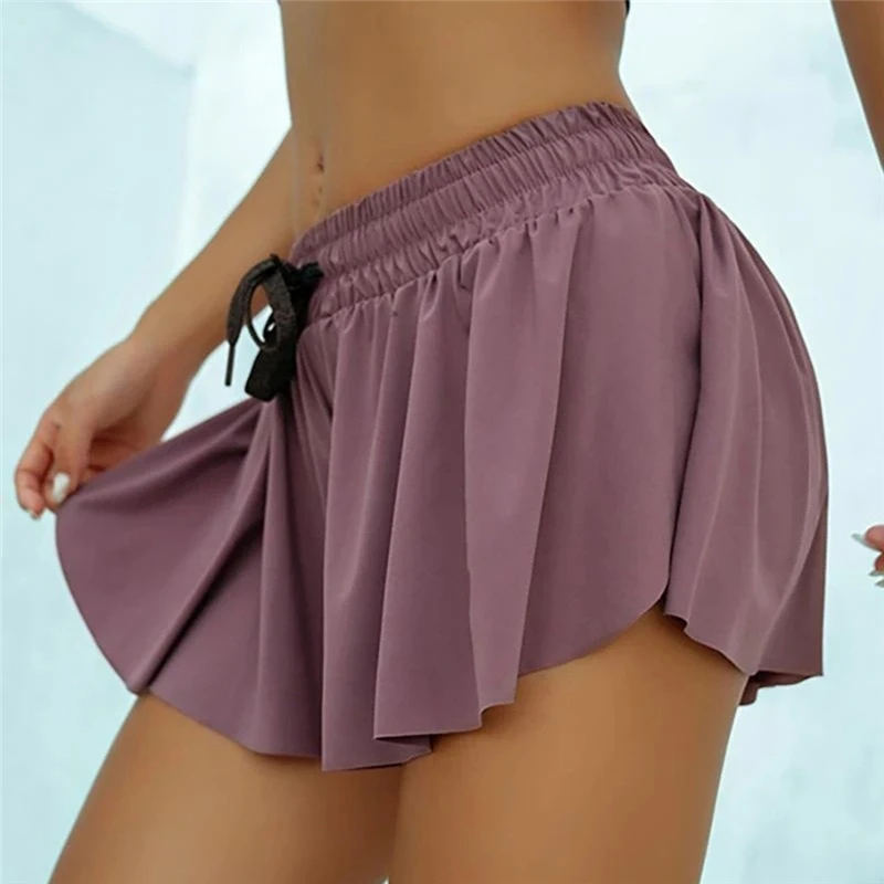 

2022 Hot Sale Summer Anti Light Fake Two Piece Women Shorts Casual Sports Beach Mid Waist Solid Shorts Fashion Lace-up Ruffle