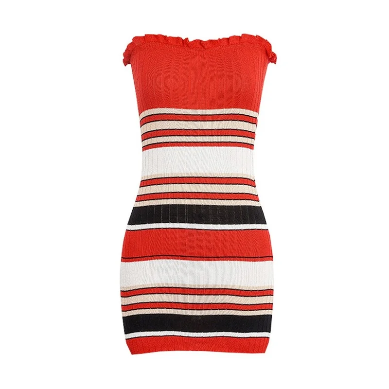

Slash Neck Bodycon Knitted Dress for Women Fashion Rainbow Striped Patchwork Color Ruffles Dress Sexy Strapless Beach Mini Dress