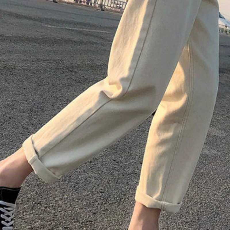 

Jeans Women Elastic-waist Ankle-length Loose Solid Korean-style Denim Retro Womens Pockets Black All-match Slim Trendy Chic New