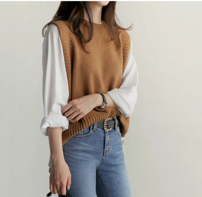 Однотонный свободный свитер весна осень женский жилет вязаный с круглым вырезом