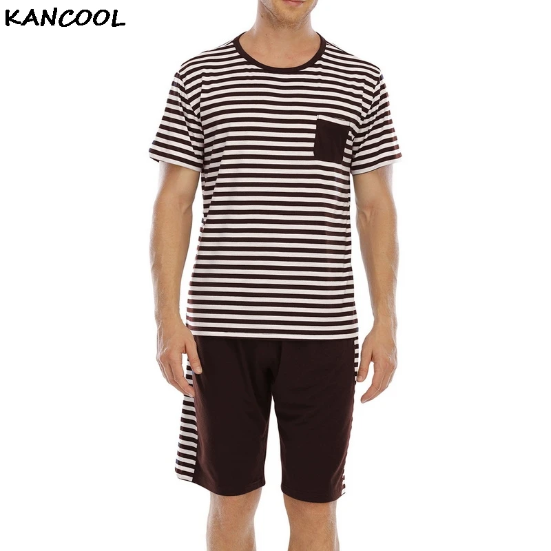 

KANCOOL Men Pajama Sets Cotton Male Short Sleeve Striped Pajama Set Man Autumn Sleepwear Suit Pajama Casual Homewear Nightwear