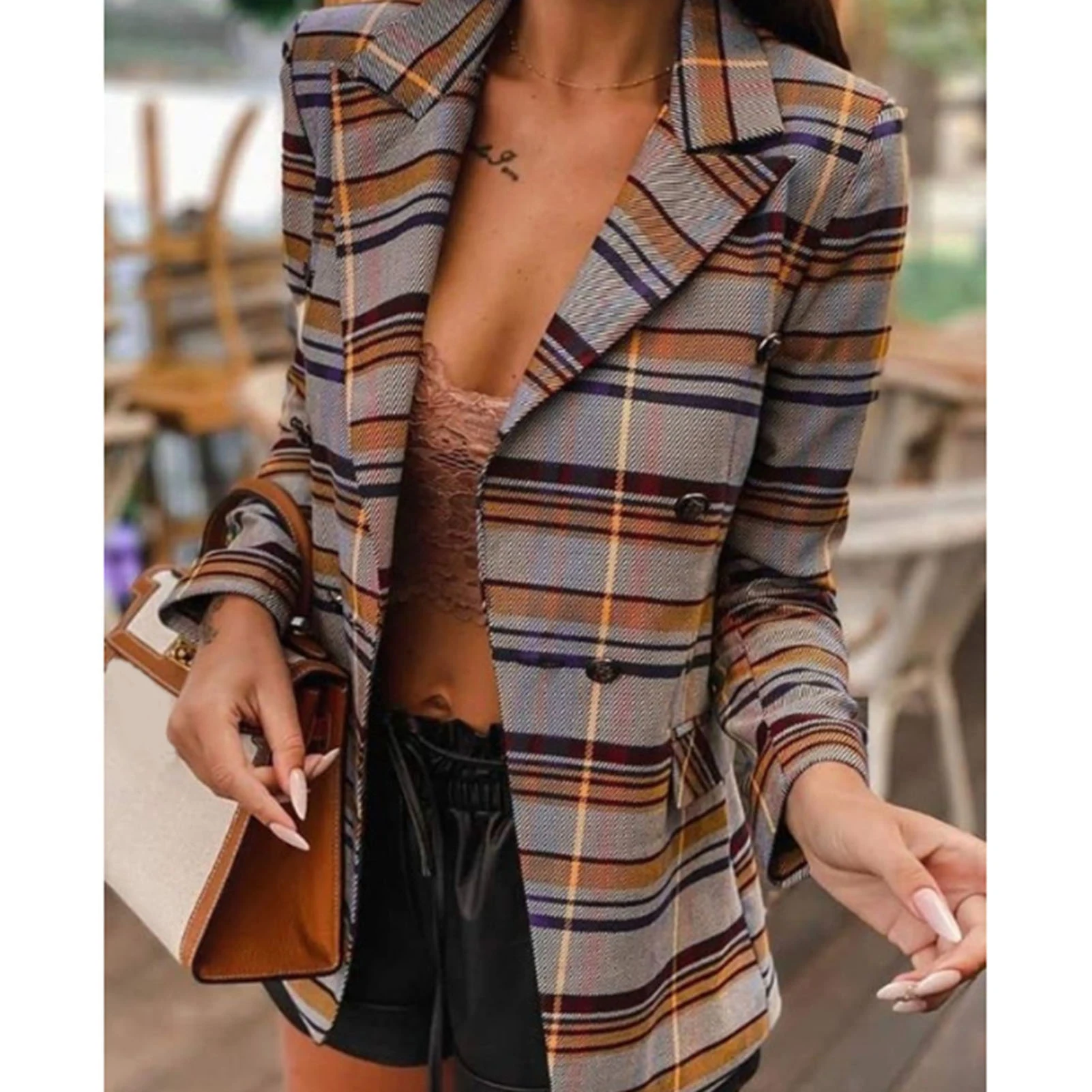 

Autumn Women Plaid Long Sleeve Lapel Jacket Double-breasted Plaid Slim Blazer Female Single Breasted Outerwear