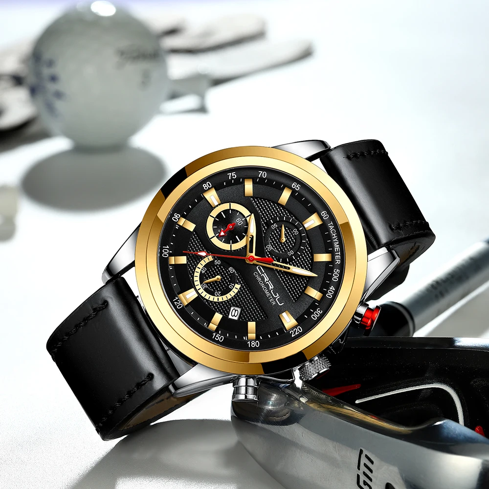 

CRRJU Watch Men Fashion Leather Band Quartz Watches with Chronograph Luminous hands Clock Male Wristwatch reloj hombre