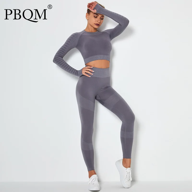 

PBQM бесшовные трикотажные штаны для йоги комплект из двух предметов для подтяжки бедер Тонкий облегающий спортивный костюм для фитнеса для ...