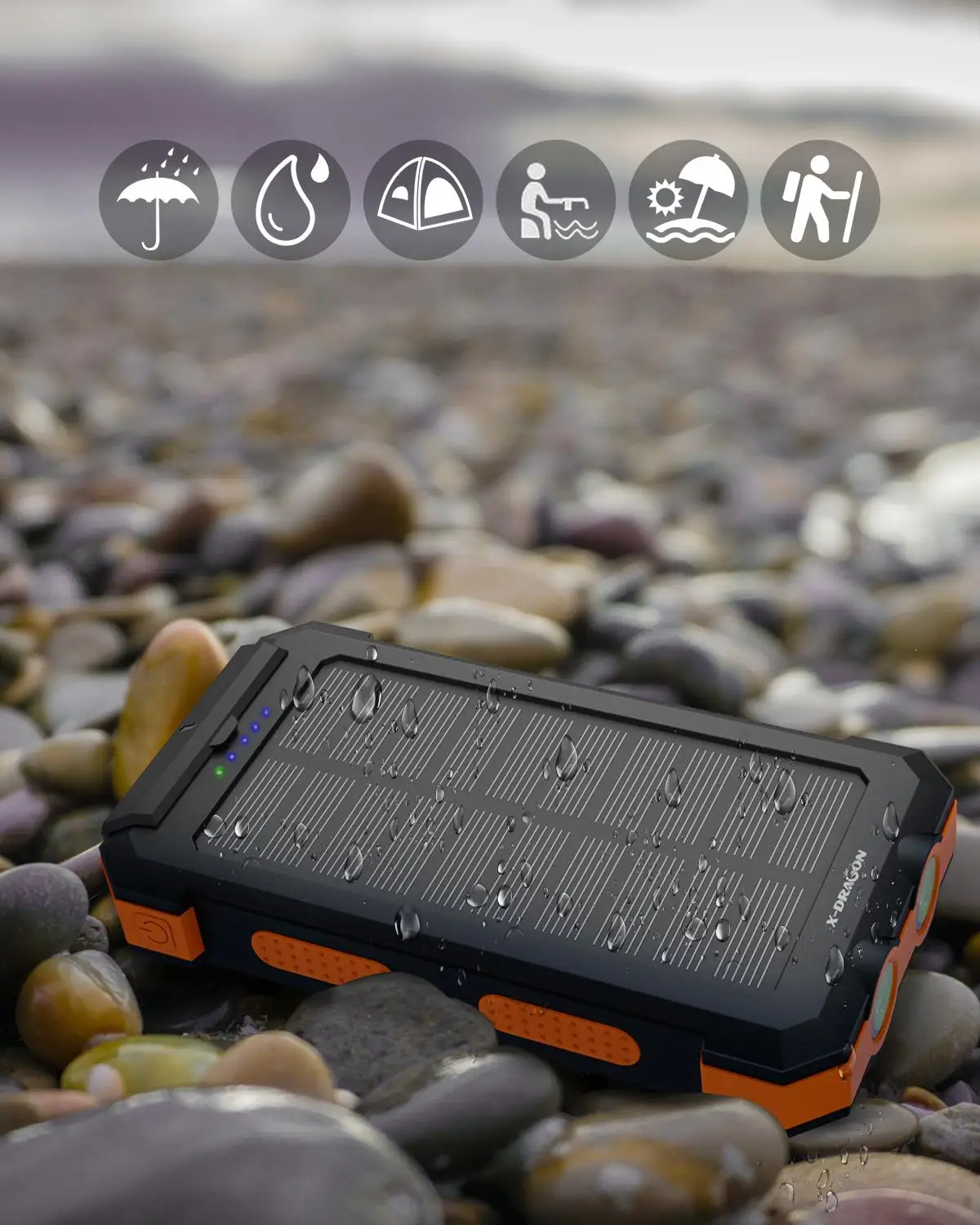 X-DRAGON Waterproof 24000mAh Solar Power Bank Портативный внешний аккумулятор с компасом для