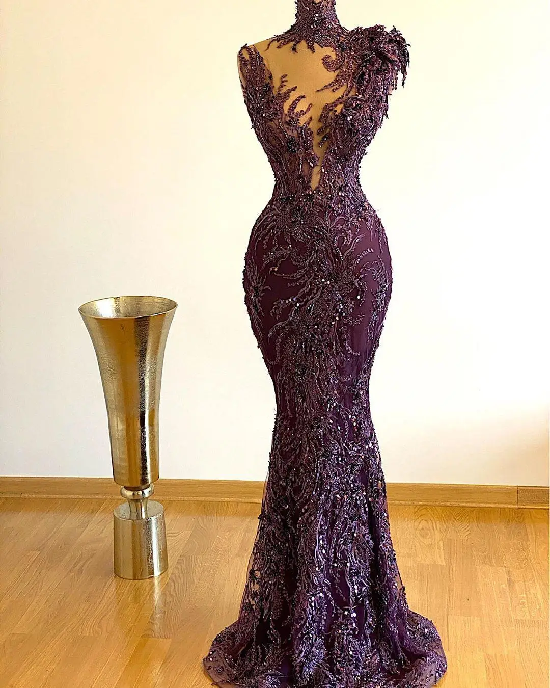 

Long Purple Mermaid Prom Dresses High Neck Lace Appliqued Beaded Crystal Luxury African Women Formal Evening Gowns