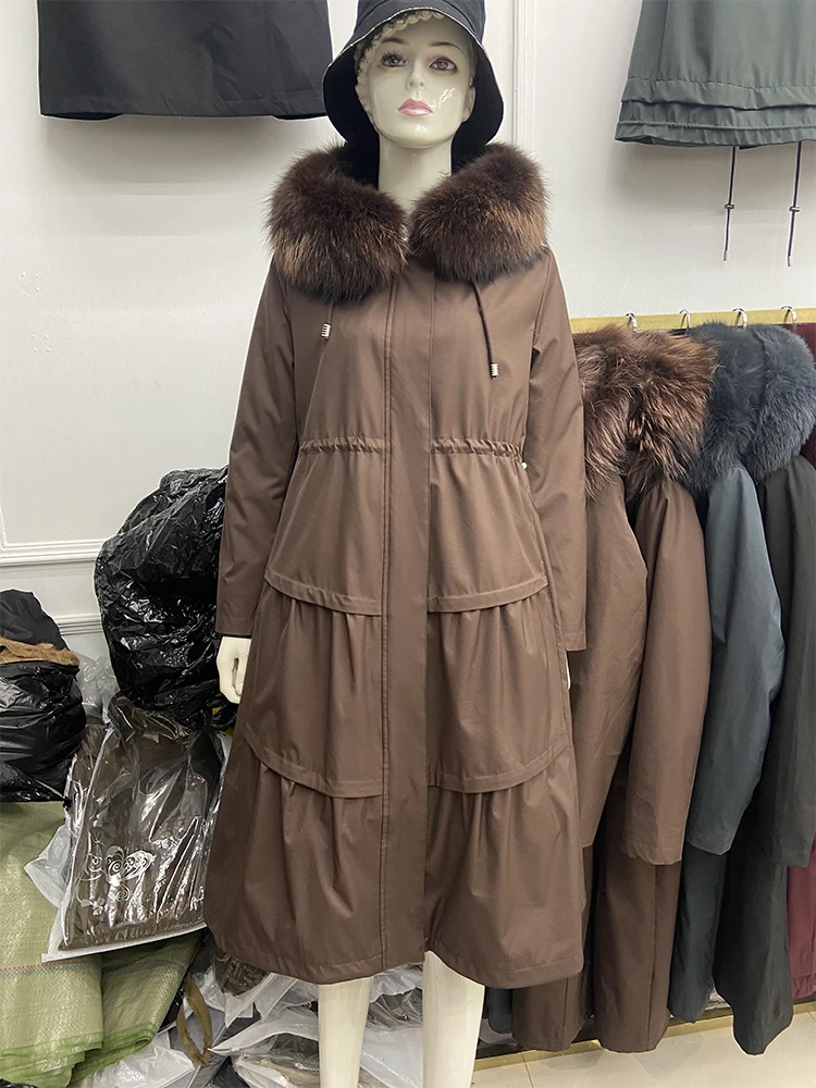 2021 Female Winter Thick Real Raccoon Fur Collar Real Rabbit Fur Lining Parka Women Fur Jacket 105cm Long Slim Warm Coat