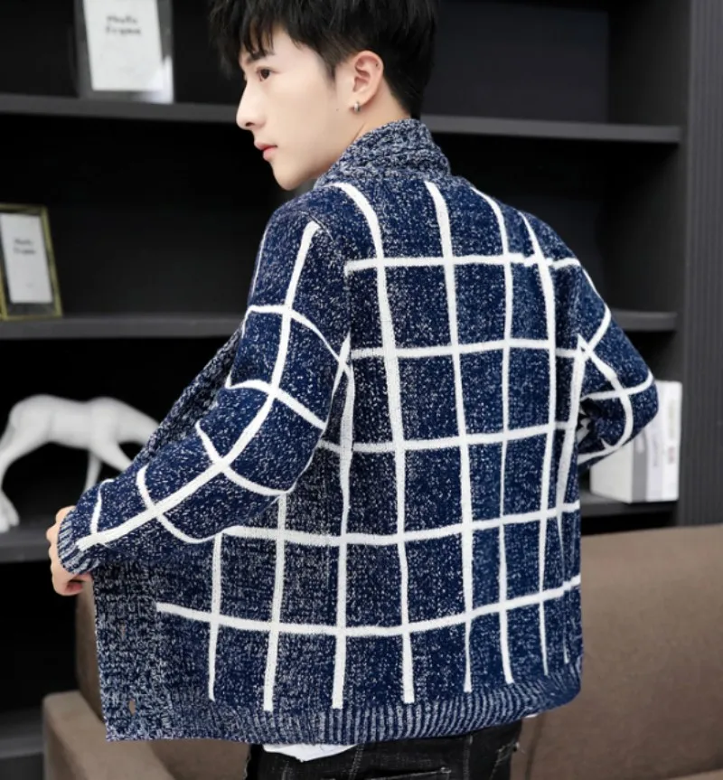 

Casual Plaid Men Outerwear Autumn Winter Knitting Sweaters Cardigan High Street Slim Fit Single Breasted Knitting Short Coat