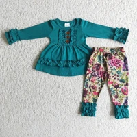 wholesale baby girls flower fall fashion clothing long sleeve green shirt floral ruffle pants outfit infant kids boutique sets