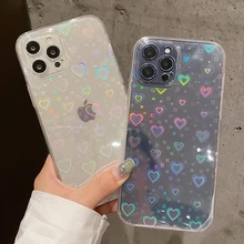 Transparent Case With Hearts For iPhone 13 11 12 Pro Max Mini XR 7 8 Plus XS Soft Colorful Laser Cover Holographic Flower Cases