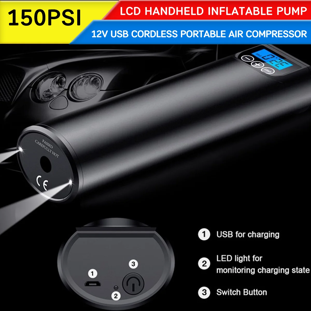 Precio Compresor De Aire Inalámbrico Para Bicicletas, Bomba Inflable Portátil De Mano LCD Para Neumáticos, Bolas, Anillos De Natación, 12V, 150PSI, USB