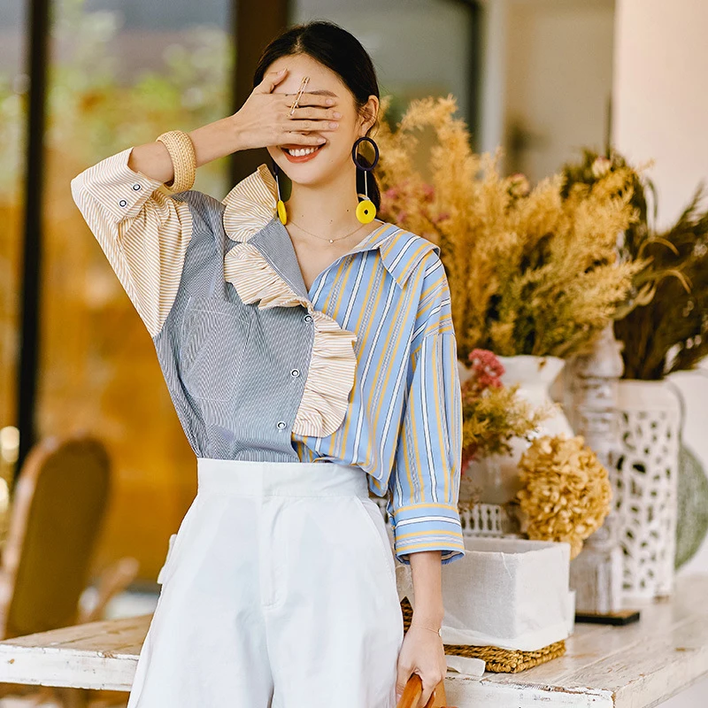 2019 Summer New Pattern Shirt For Women Fashion Temperament Stripe Split Joint Ruffles Contrast Color Blouse Tops R182 | Женская одежда