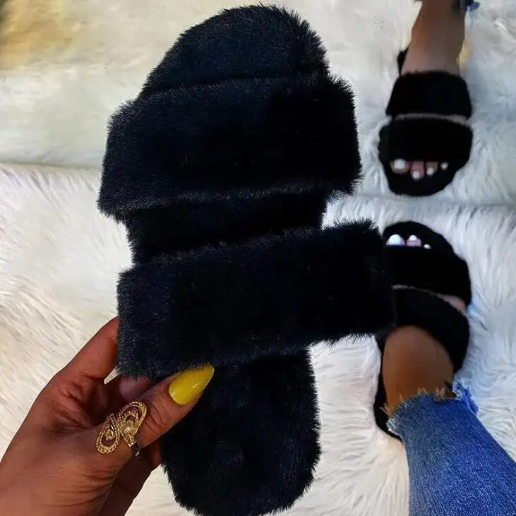 

2020 autumn/winter new large size fox fur slippers women flat-bottomed open-toe casual double-layer home durable sandals