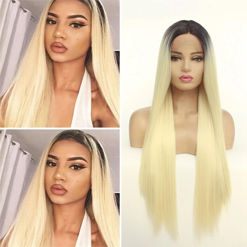 

Natural Hairline Swiss Lace Front Wig Long Straight 1B/613# Black to Blonde Ombre Synthetic Wigs For Women Halloween Wig