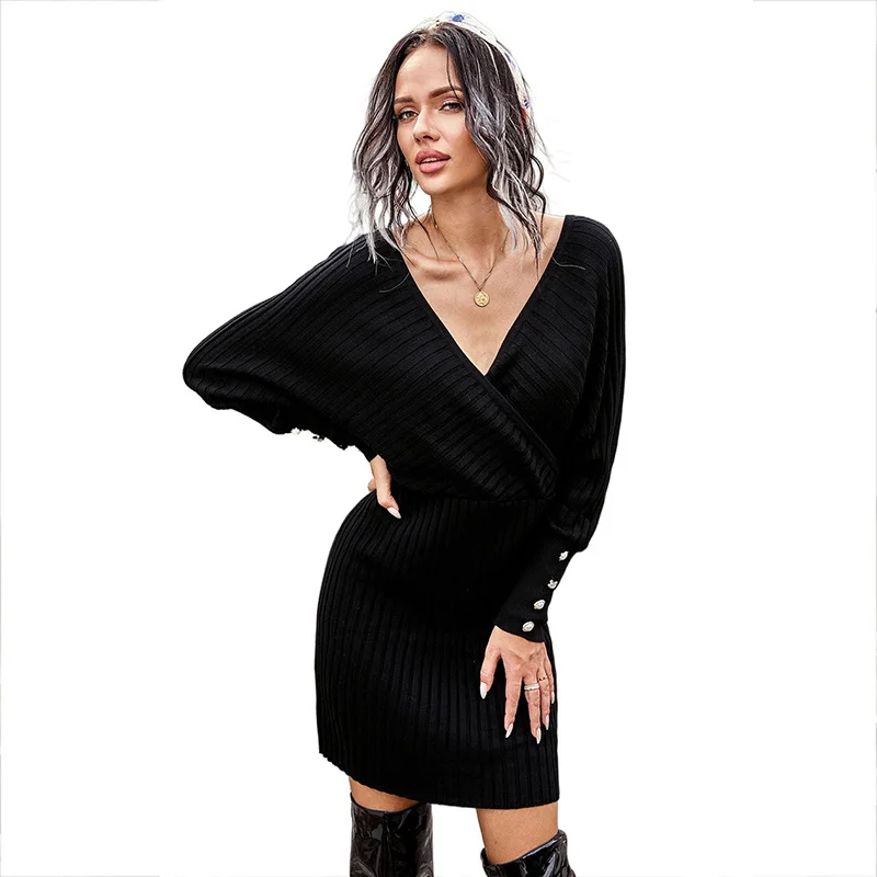 

European and American Deep V sexy sweater hip skirt Amazon autumn winter new slim solid color long sleeve knee length skirt