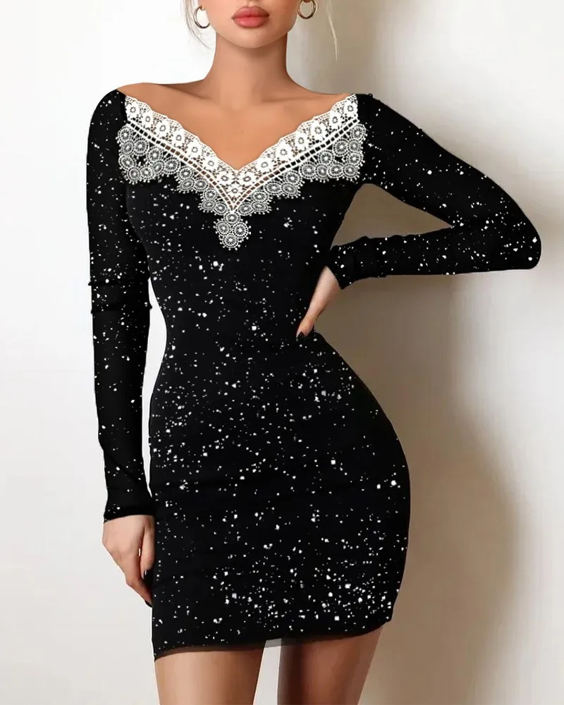 

2022 Vintage Black Women Lace Dress Collar Long Sleeve Patchwork Slim Mini Dresses Casual Simple Elegant Vestidos
