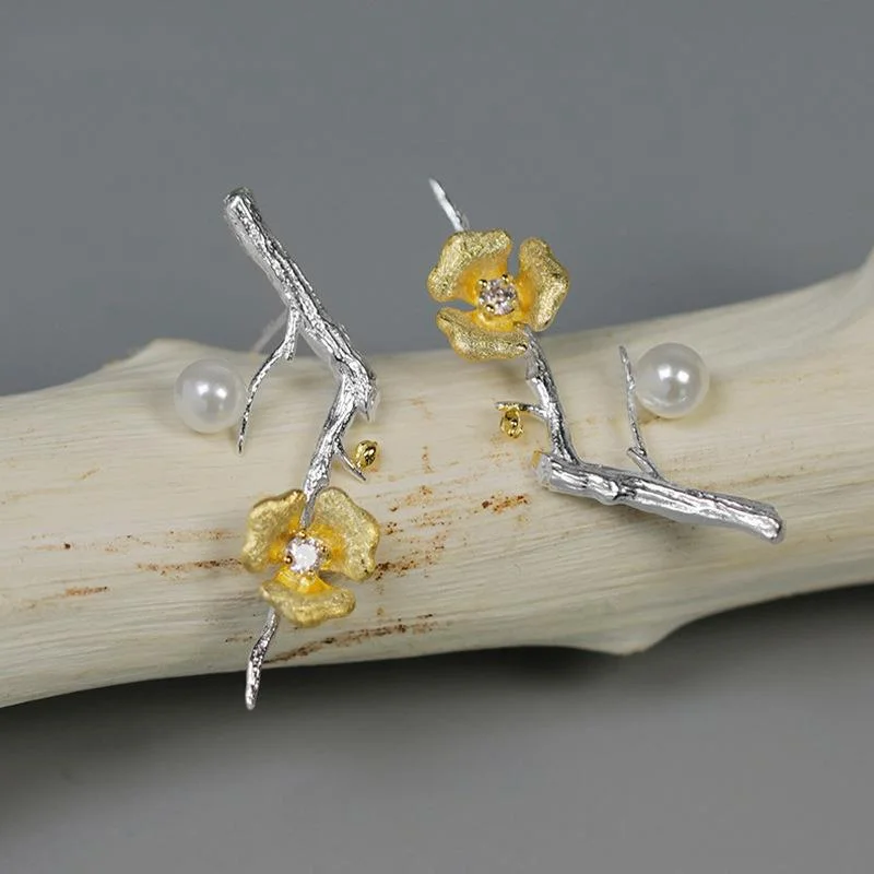 

925 Sterling Silver Trendy Elegant Flower Branch Pearl Earrings For Women Stud Earrings Wedding Party Jewelry Gift