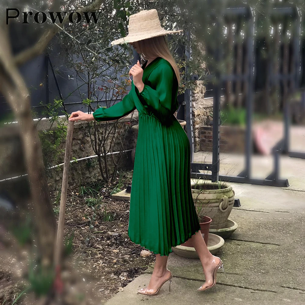 

Prowow Spring Autumn Women Fashion Solid Pleated Long Dress Female Casual Loose Streetwear Lantern Sleeve V Neck Dresses