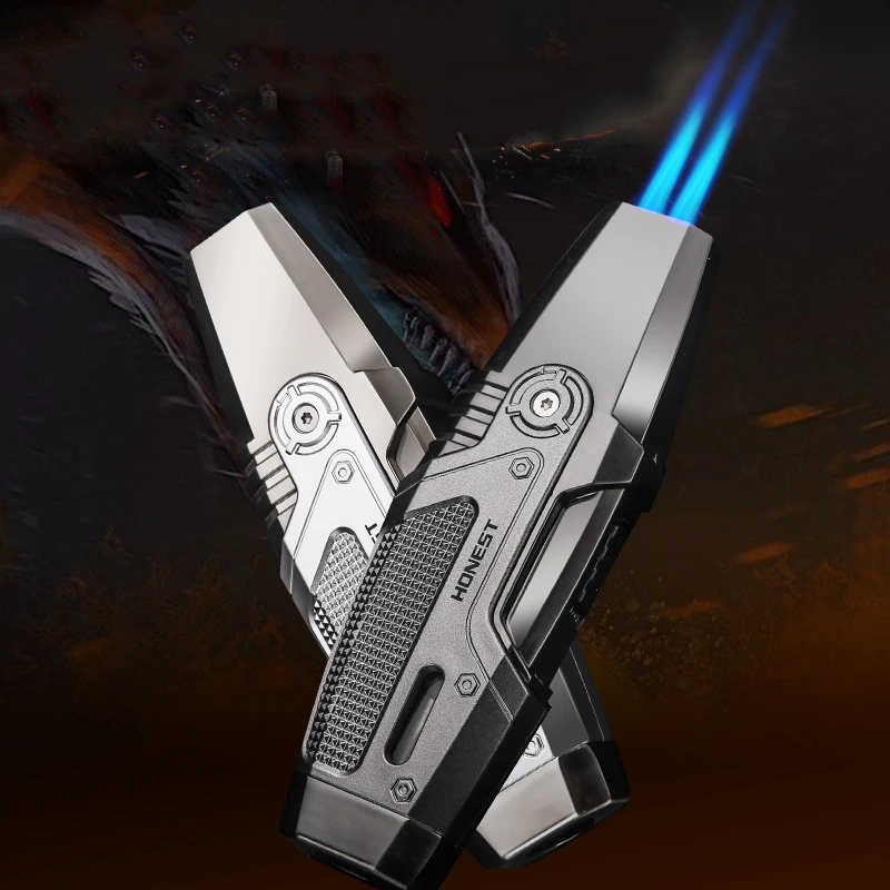 

New Kitchen Torch Turbo Gas Lighter Butane Windproof Metal Jet Cigar Cigarette Lighter Two Pipe Flame Powerful Gadgets For Men