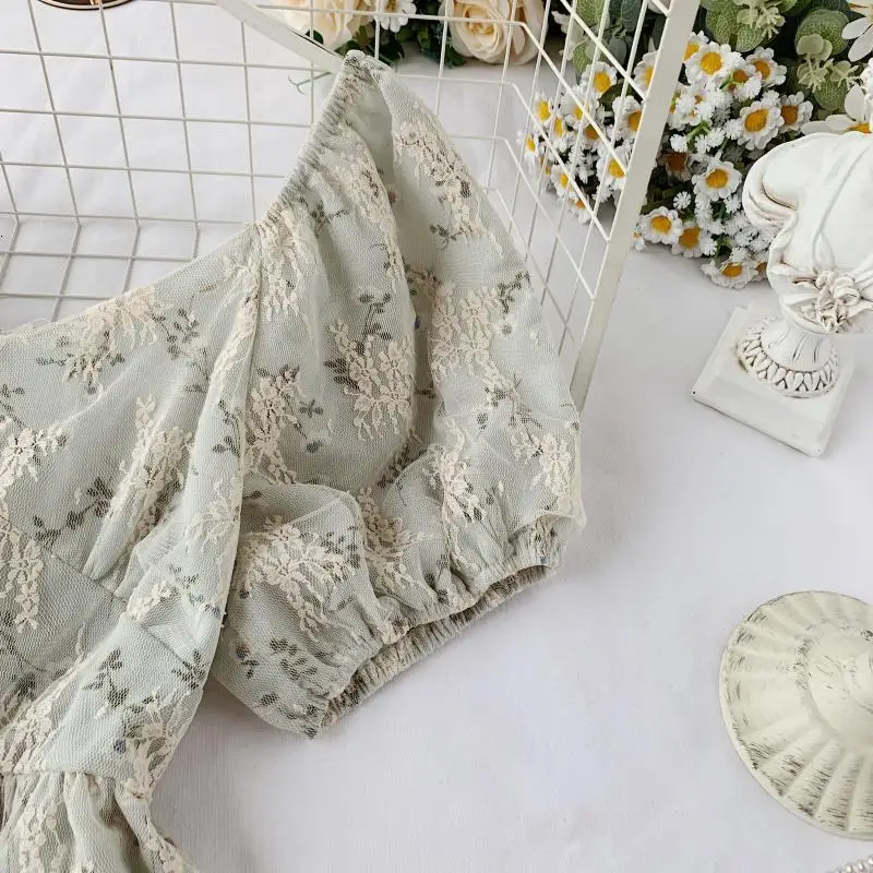 Foamlina женское винтажное стильное цветочное кружевное платье летняя мода с круглым вырезом с коротким пышным рукавом с высокой талией повседневное вечернее платье