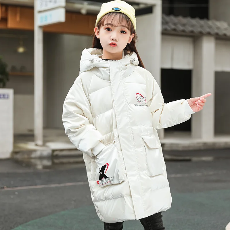 Пуховик для девочек детская модная длинная куртка на белом утином пуху с