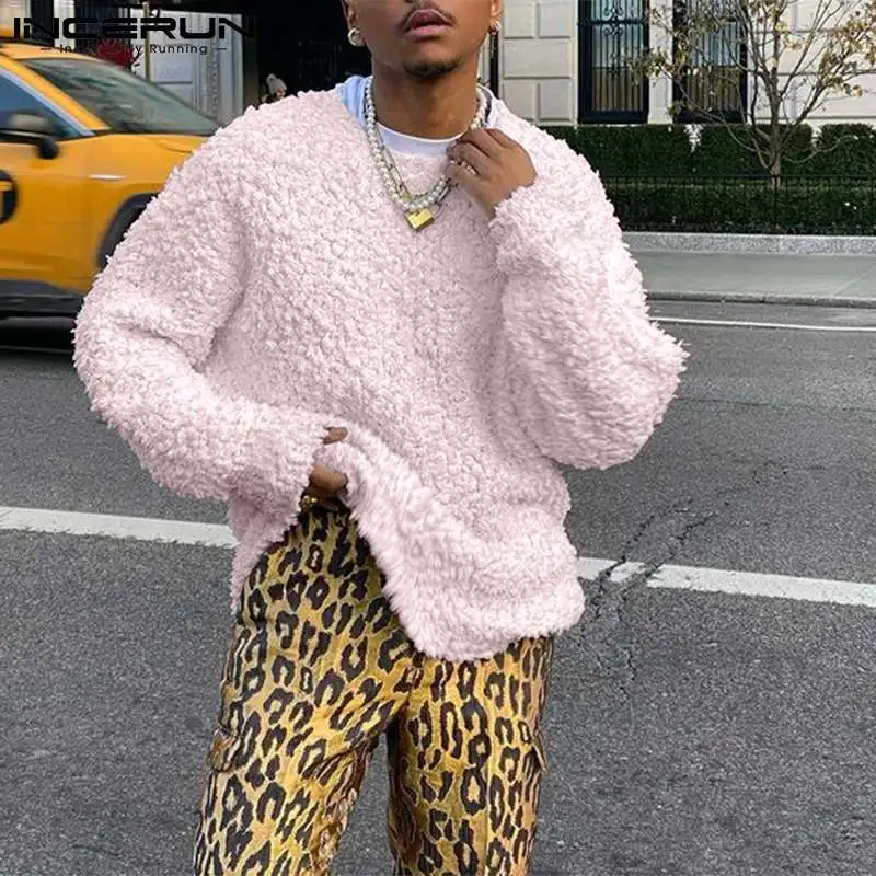 INCERUN Tops 2022 New Men American Style Solid Color Comfortable Plush Round Neck Casual Streetwear Loose Pullover Sweater S-5XL