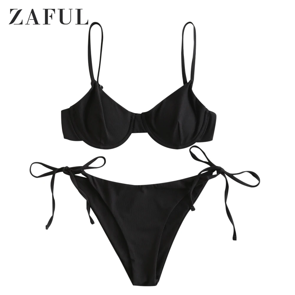 

ZAFUL Ribbed Underwire Tie Side Bikini Set Spaghetti Straps Low Waisted Sexy Swimsuit Underwire Padded Push Up Bathing Suit