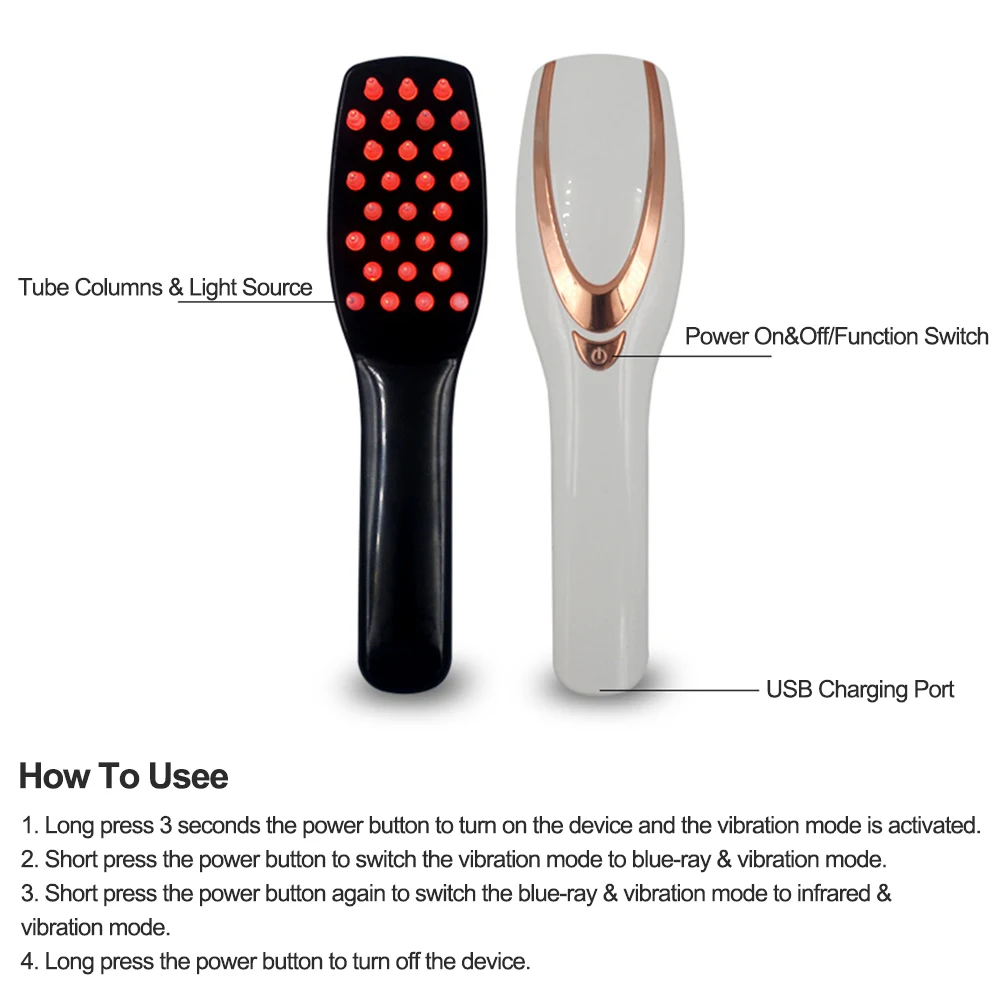 

3 IN 1 USB Rechargeable LED Light Laser Hair Growth Infrared Electric Massage Anti Hair Loss Phototherapy Scalp Massager Comb