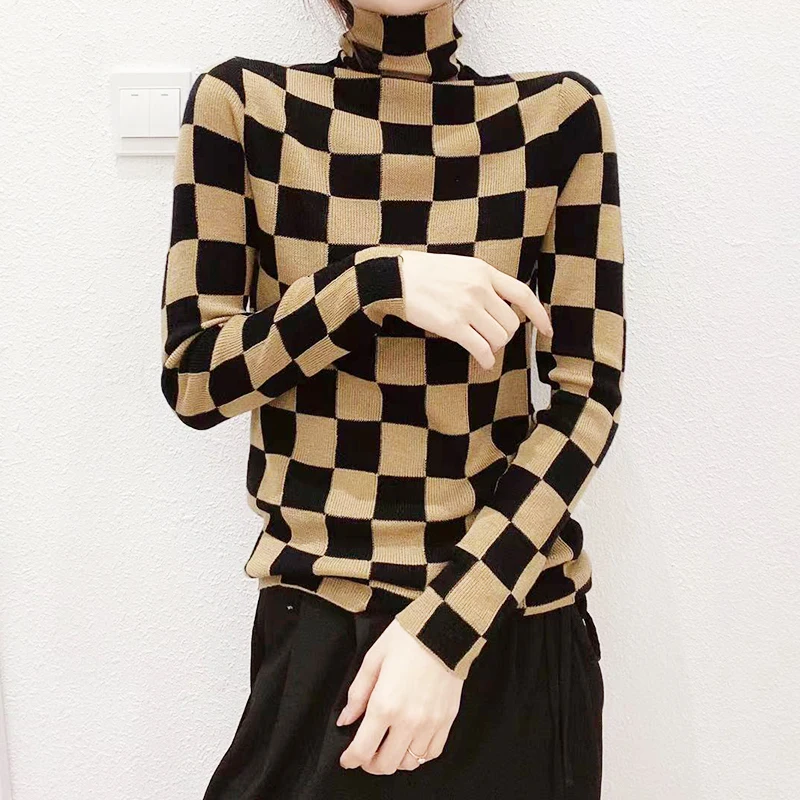 

2021All wool women's knitted sweater turtleneck long-sleeved plaid women's hedging fashion warm high stretch bottoming top women