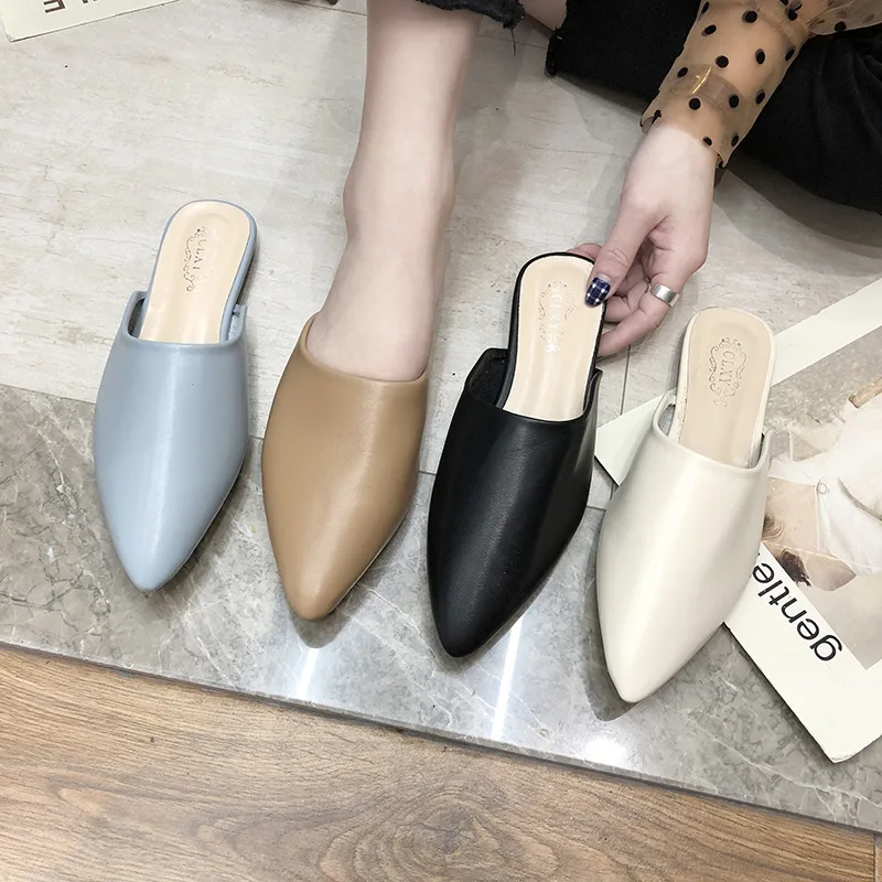 

Akexiya Flat Shoes Fashion Mules For Women PU Leather Pointed Toe Slip On Sandalias Women Slipper Summer Sandals Women's Shoes